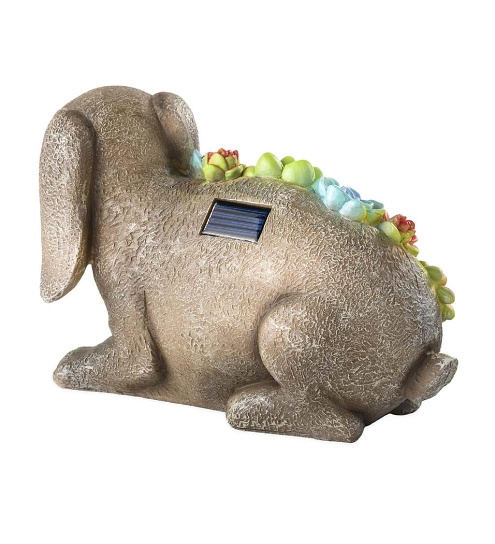 Plow &amp; Hearth Garden Accents | Yard &amp; Garden Solar Lighted Succulent Resin Animal Garden Statue - Bunny