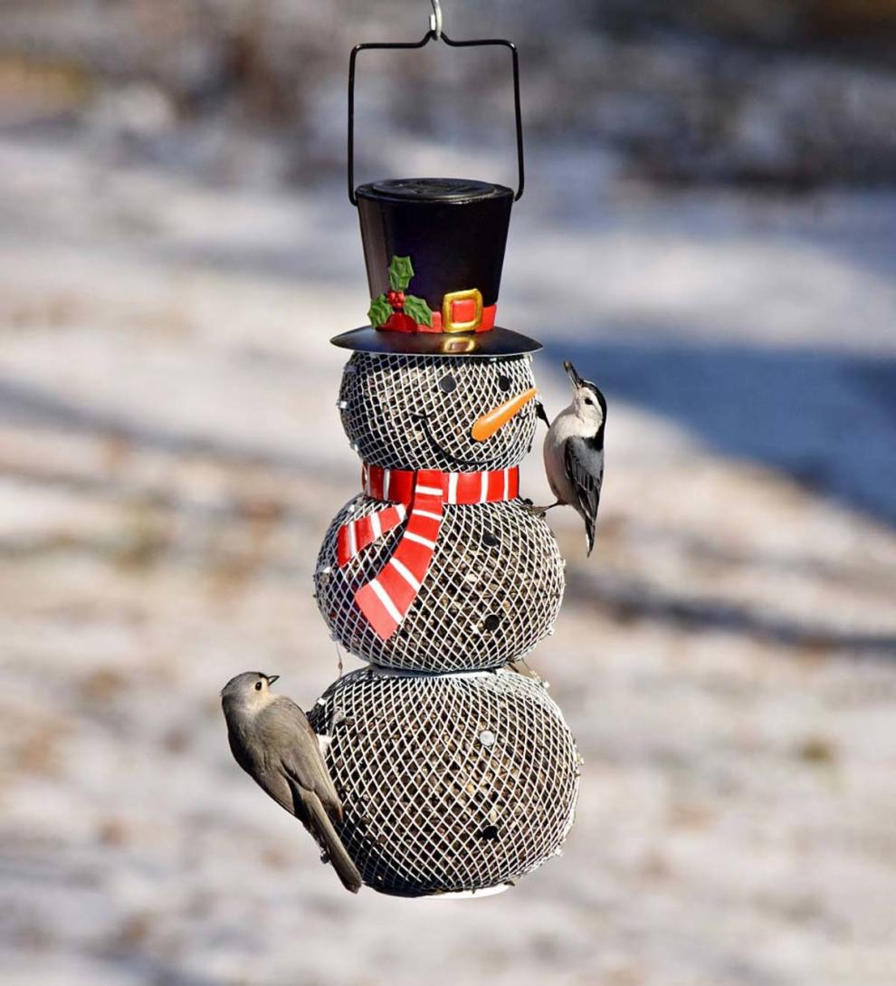 Plow &amp; Hearth Garden Accents | Yard &amp; Garden Solar Snowman Metal Mesh Bird Feeder