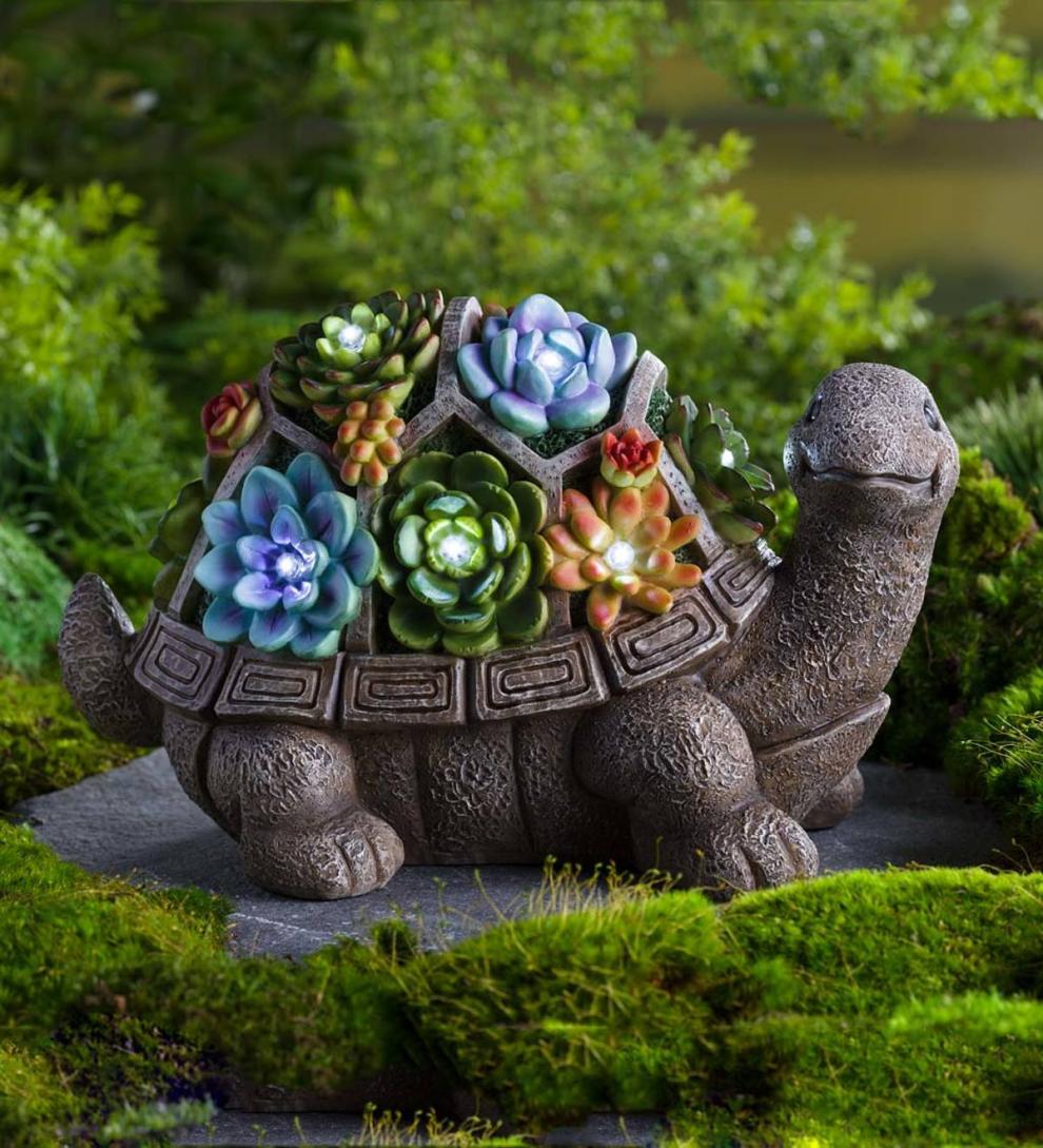 Plow &amp; Hearth Garden Accents | Yard &amp; Garden Solar Succulent Turtle Garden Statue - Turtle