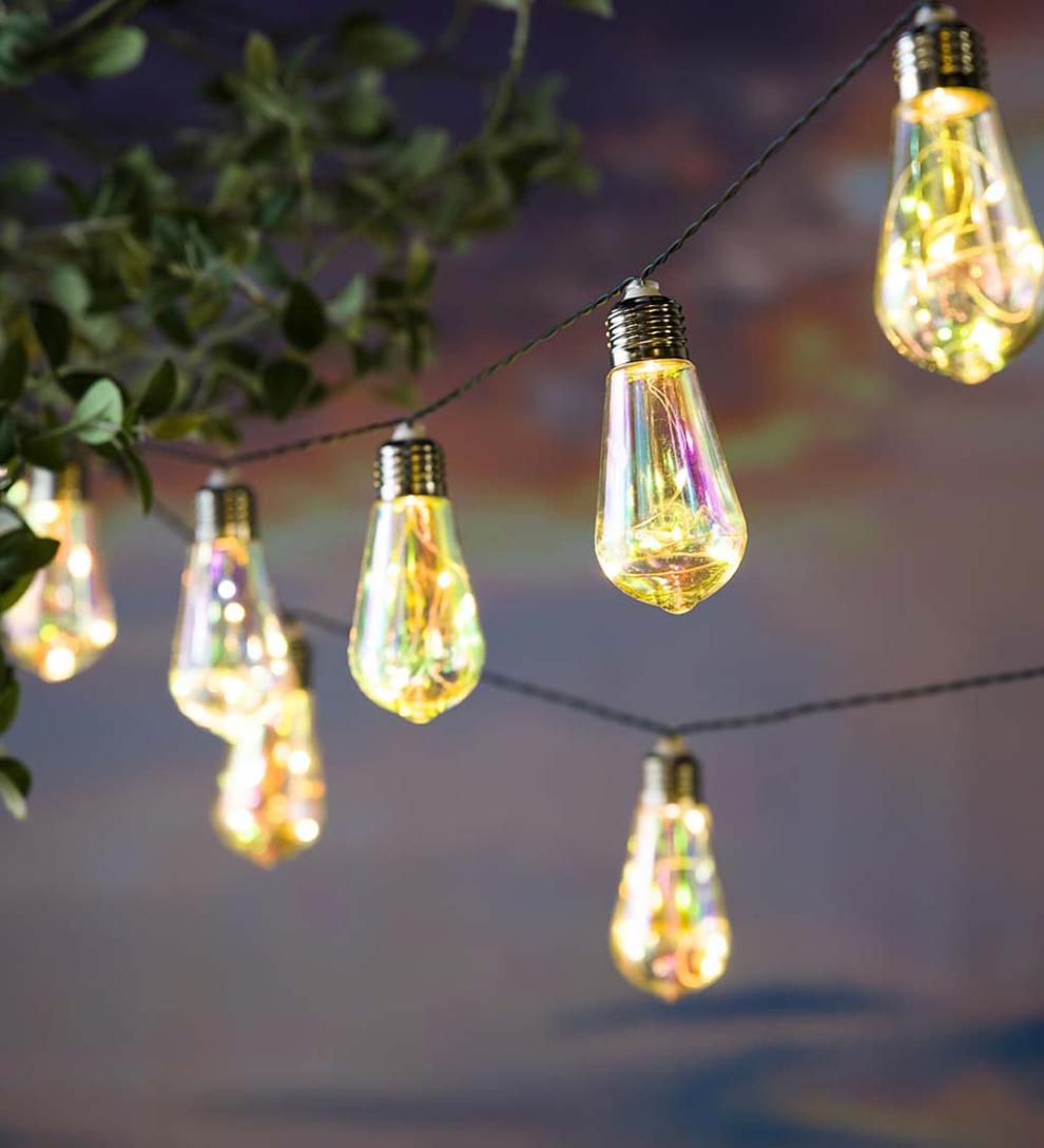 Plow &amp; Hearth Garden Accents | Yard &amp; Garden Solar Vintage-Style Iridescent Light Bulb String Lights
