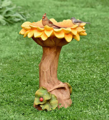 Plow &amp; Hearth Garden Accents | Yard &amp; Garden Sunflower With Leaves And Ladybug Carved Resin Birdbath