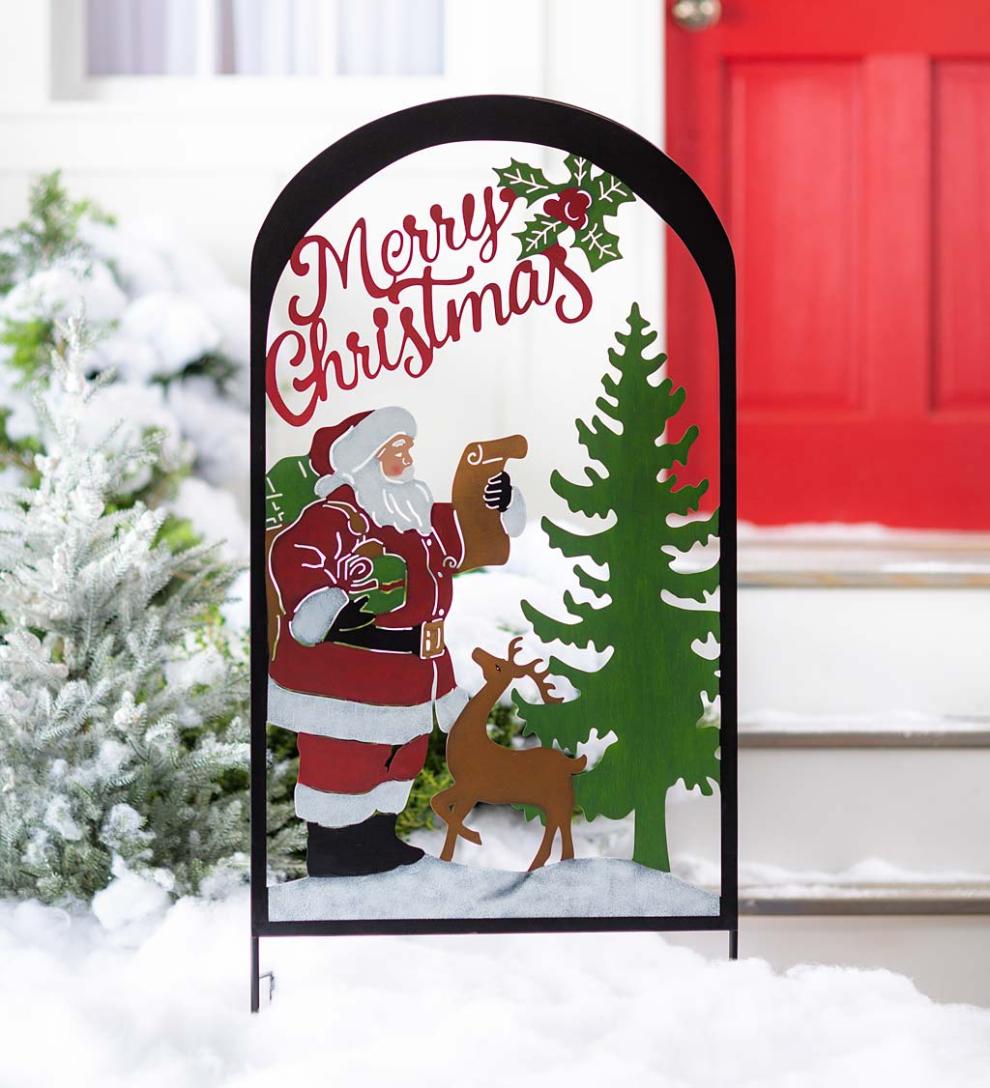 Plow &amp; Hearth Garden Stakes | Yard &amp; Garden Colorful Painted Santa And Reindeer Metal Garden Trellis Stake