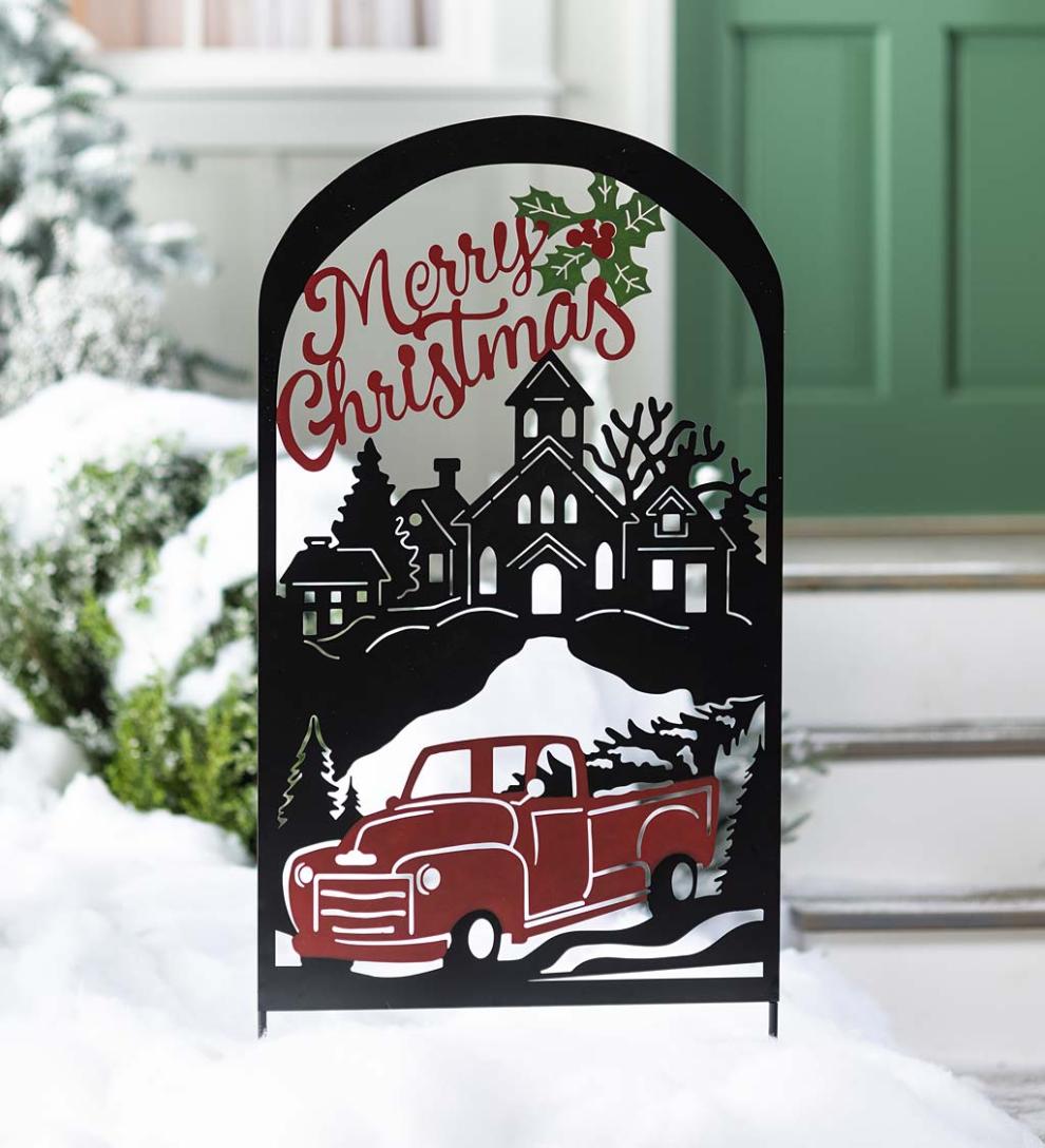 Plow &amp; Hearth Garden Stakes | Yard &amp; Garden Merry Christmas Vintage Truck Metal Holiday Trellis