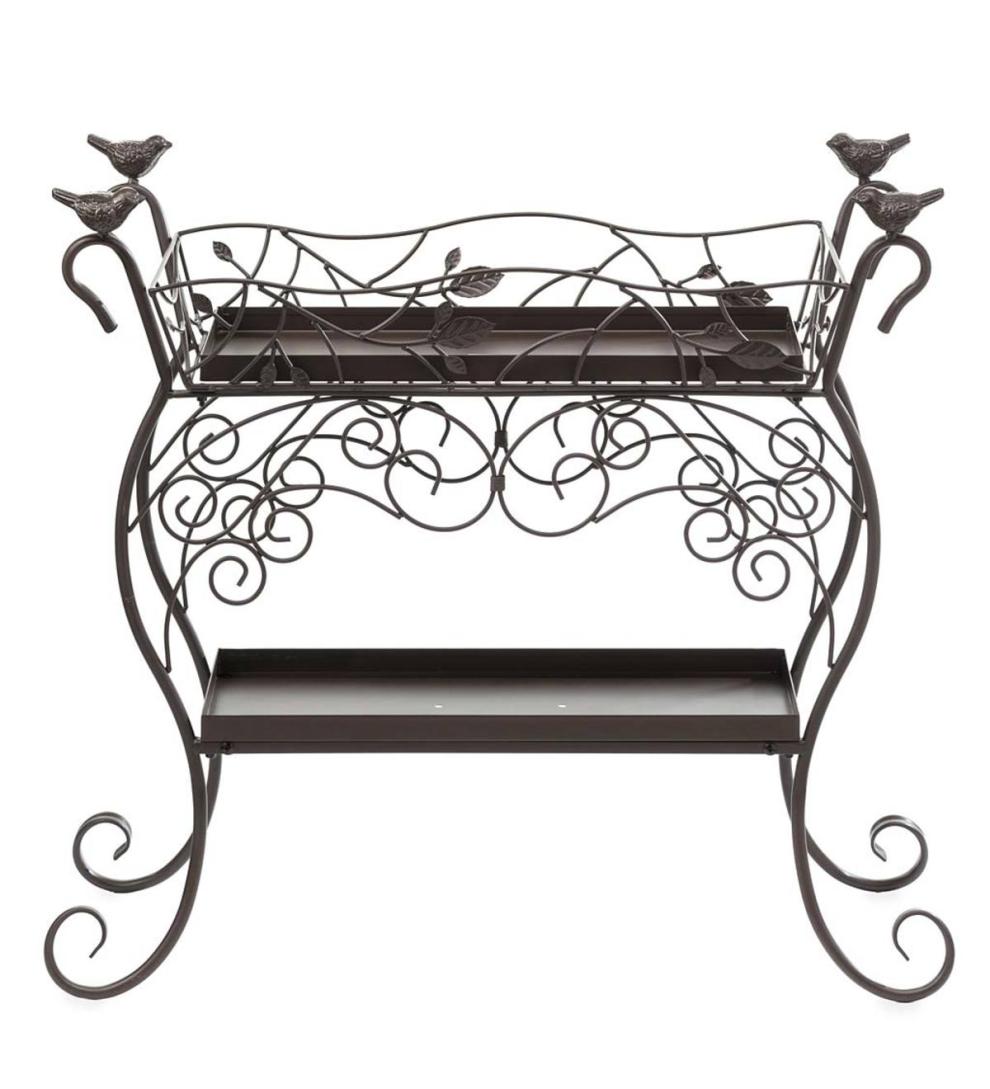 Plow &amp; Hearth Garden Tools | Yard &amp; Garden Two-Shelf Cast Iron Plant Stand With Birds