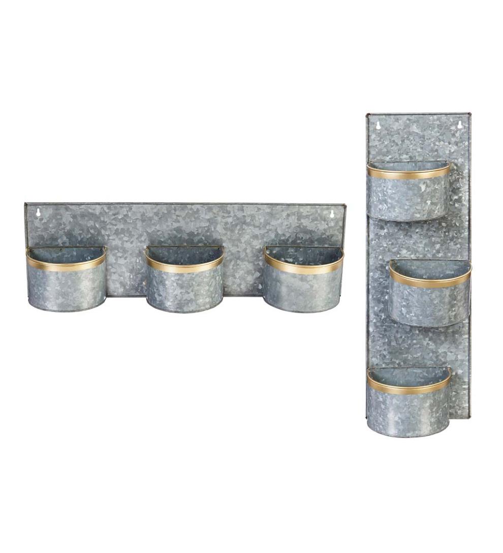 Plow &amp; Hearth Home Accents | Indoor Living 3-Pot Galvanized Metal Wall Planter With Brass Rims, Set Of 2