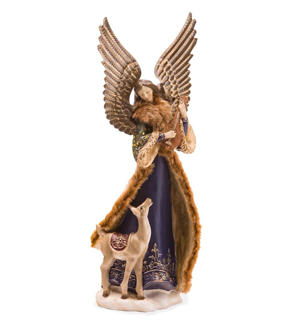 Plow &amp; Hearth Home Accents | Indoor Living Angel In Long Green Faux-Fur Trimmed Coat With Deer