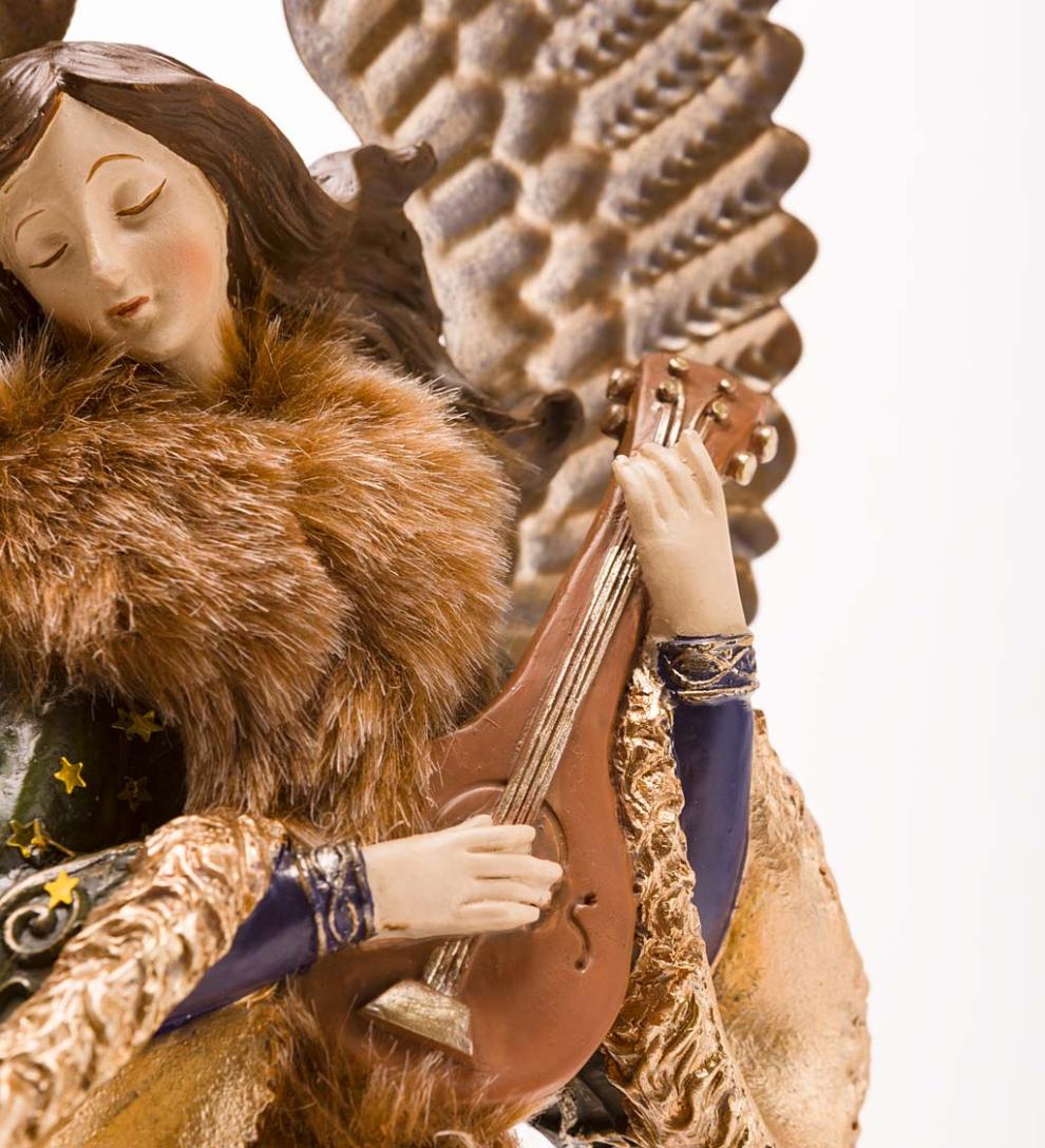 Plow &amp; Hearth Home Accents | Indoor Living Angel In Long Green Faux-Fur Trimmed Coat With Deer