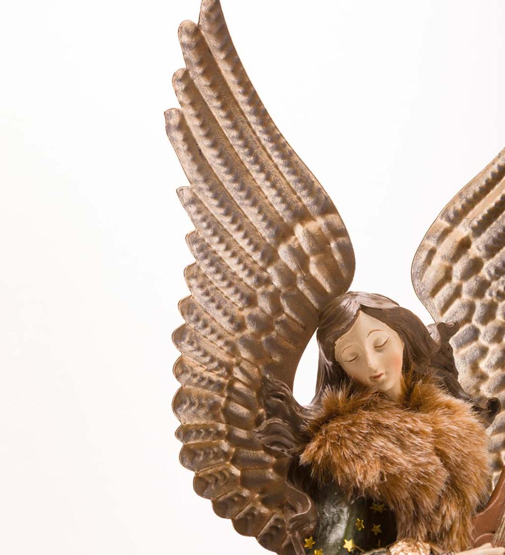 Plow &amp; Hearth Home Accents | Indoor Living Angel In Long Green Faux-Fur Trimmed Coat With Deer