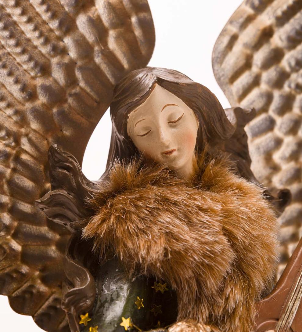 Plow &amp; Hearth Home Accents | Indoor Living Angel In Long Green Faux-Fur Trimmed Coat With Deer