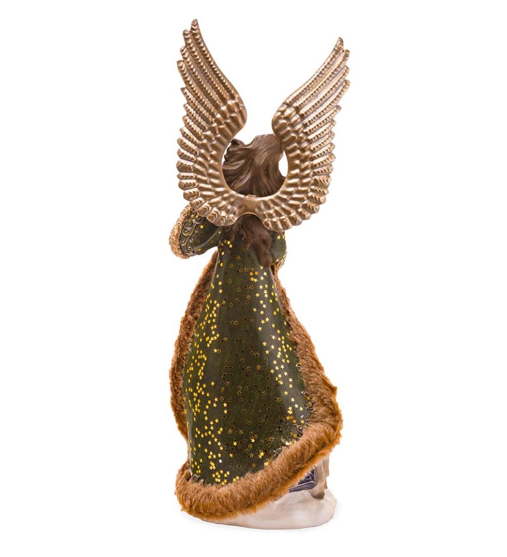 Plow &amp; Hearth Home Accents | Indoor Living Angel In Long Green Faux-Fur Trimmed Coat With Deer