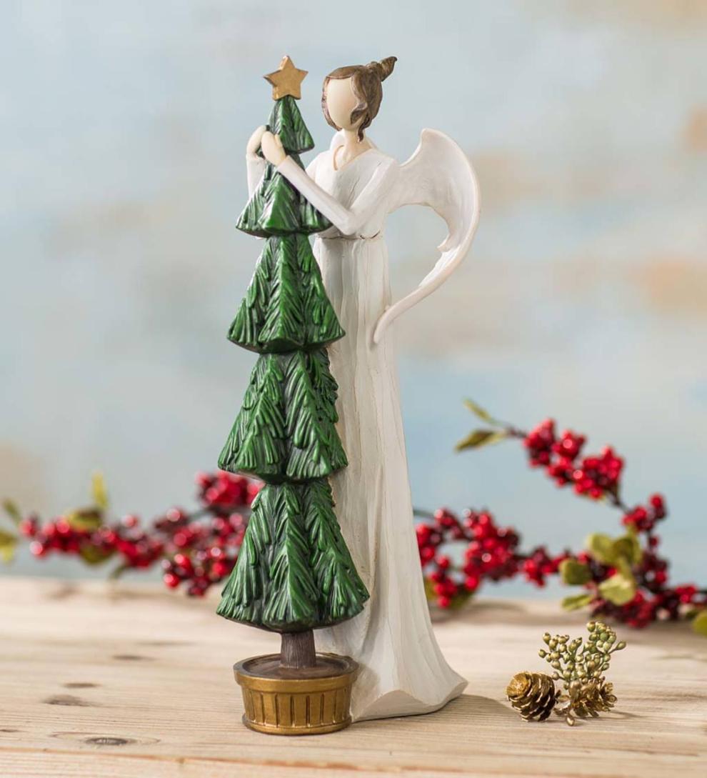 Plow &amp; Hearth Home Accents | Indoor Living Angel With Christmas Tree Indoor/Outdoor Holiday Sculpture