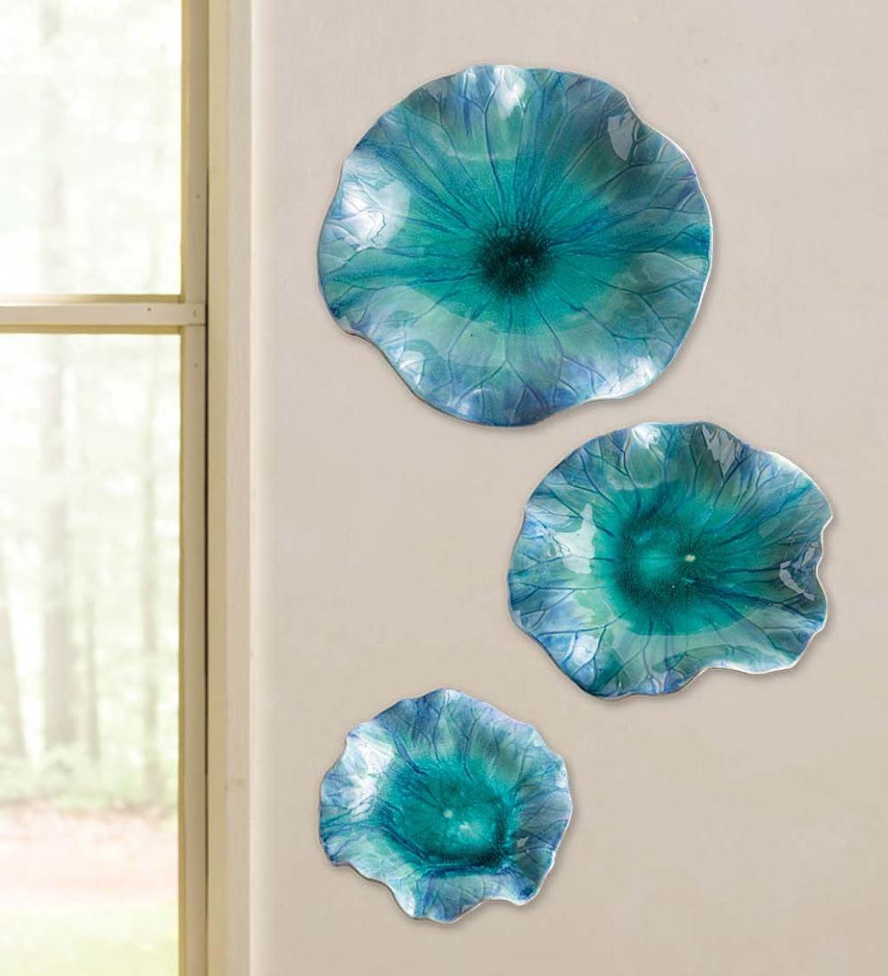 Plow &amp; Hearth Home Accents | Indoor Living Blue Ceramic Flower Blooms Wall Art, Set Of 3