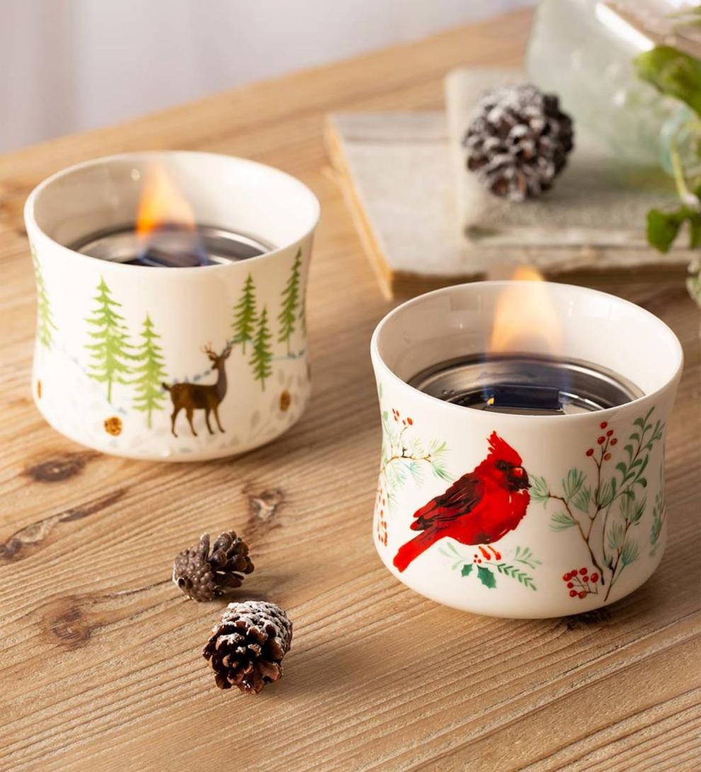 Plow &amp; Hearth Home Accents | Indoor Living Cardinal And Deer Holiday Ceramic Oil Candles, Set Of 2