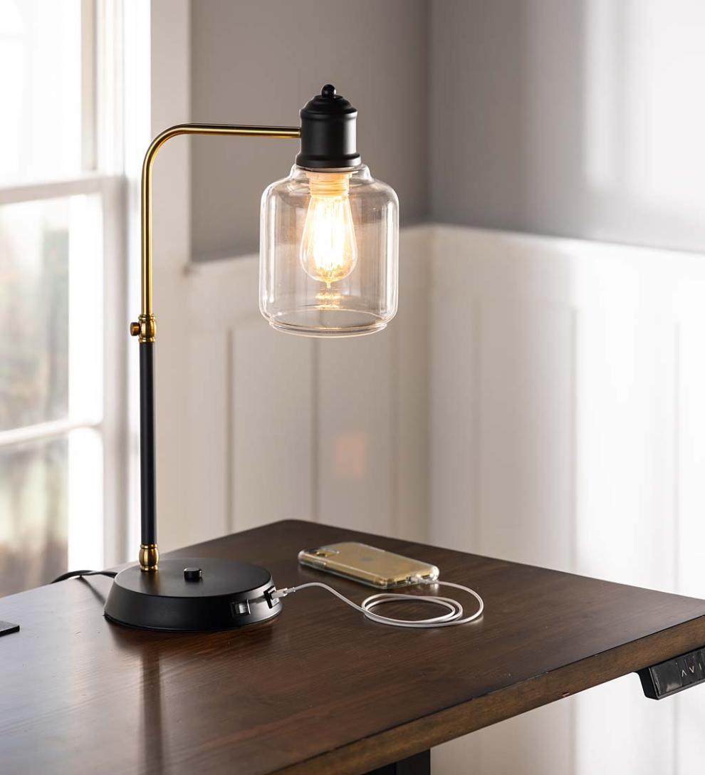 Plow &amp; Hearth Home Accents | Indoor Living Desk Lamp With Usb Port And Glass Shade