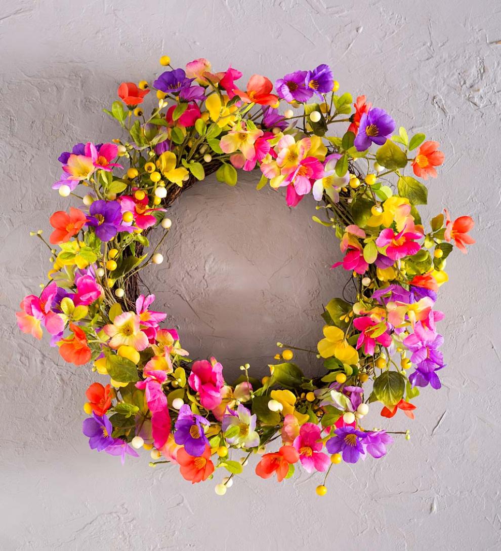 Plow &amp; Hearth Home Accents | Indoor Living Floral Watercolor Wreath With Faux Pansies And Violets