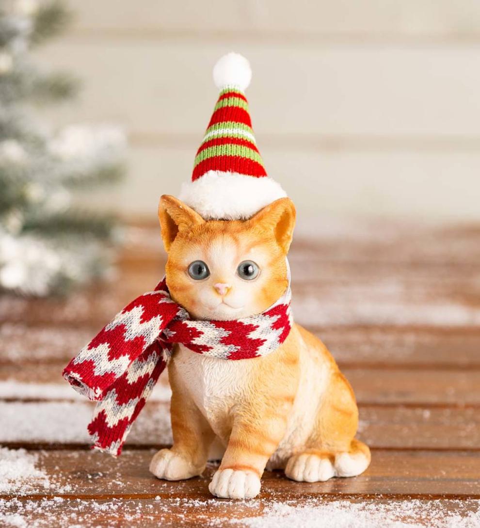 Plow &amp; Hearth Home Accents | Indoor Living Holiday Kitten Statue With Hat And Scarf