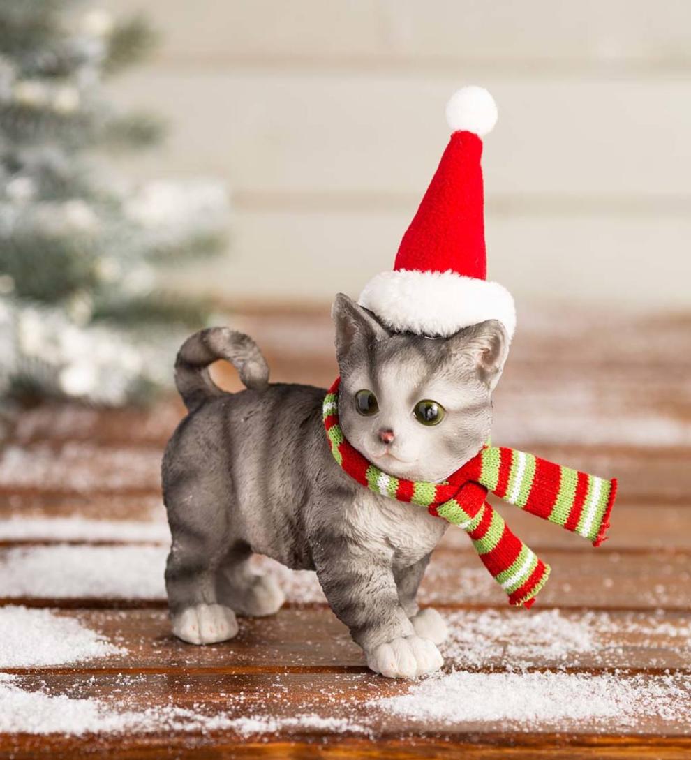 Plow &amp; Hearth Home Accents | Indoor Living Holiday Kitten Statue With Hat And Scarf