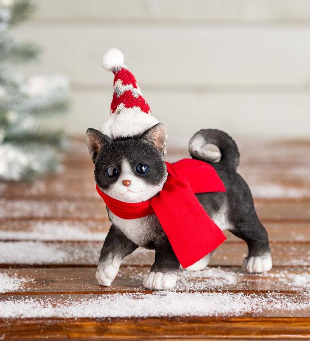 Plow &amp; Hearth Home Accents | Indoor Living Holiday Kitten Statue With Hat And Scarf