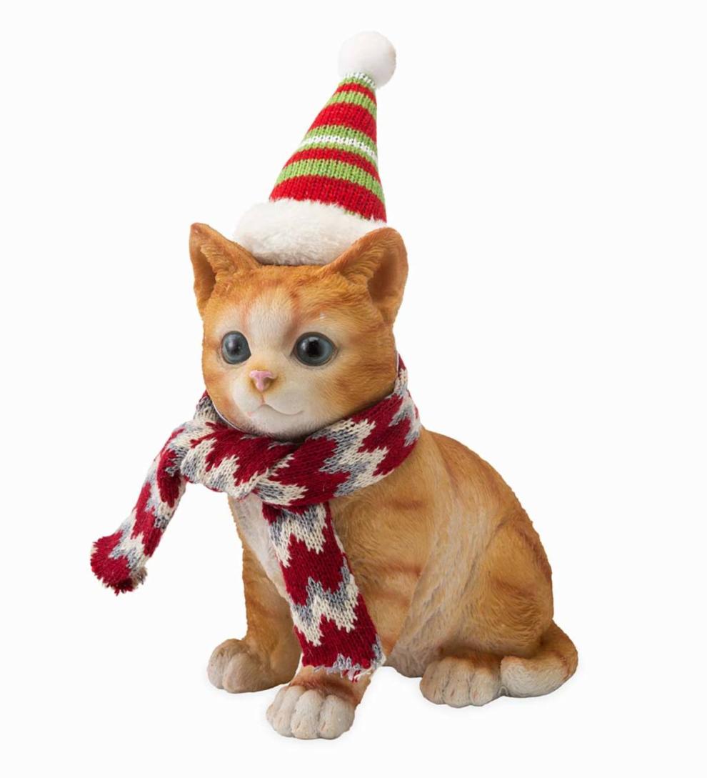Plow &amp; Hearth Home Accents | Indoor Living Holiday Kitten Statue With Hat And Scarf