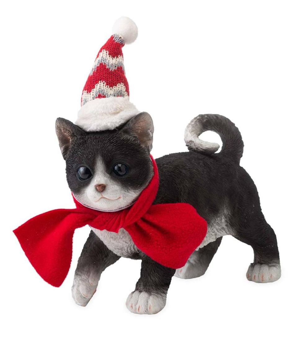 Plow &amp; Hearth Home Accents | Indoor Living Holiday Kitten Statue With Hat And Scarf