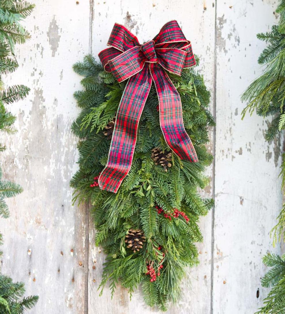 Plow &amp; Hearth Home Accents | Indoor Living Holiday Woodland Evergreens Door Swag With Bow