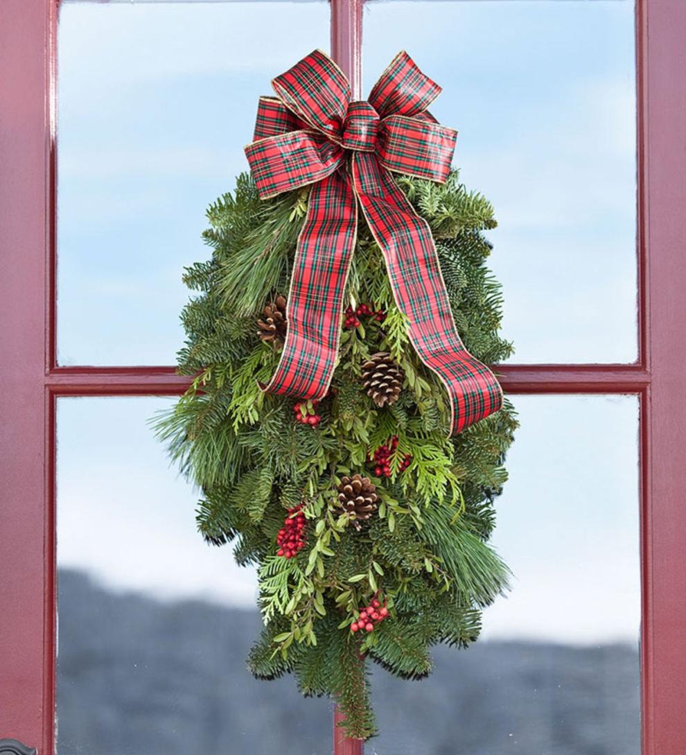 Plow &amp; Hearth Home Accents | Indoor Living Holiday Woodland Evergreens Door Swag With Bow