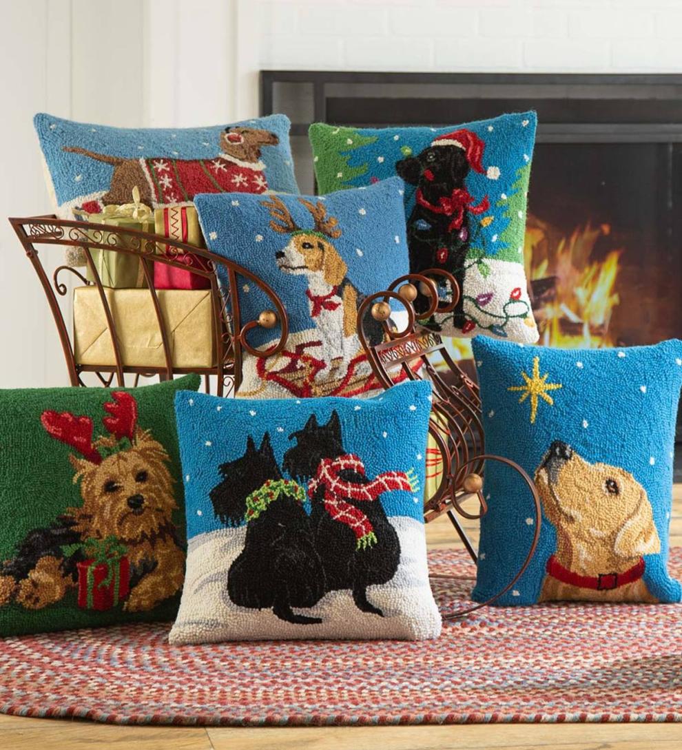 Plow &amp; Hearth Home Accents | Indoor Living Hooked Wool Beagle On Sled Holiday Throw Pillow