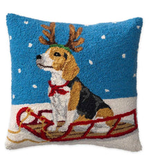 Plow &amp; Hearth Home Accents | Indoor Living Hooked Wool Beagle On Sled Holiday Throw Pillow