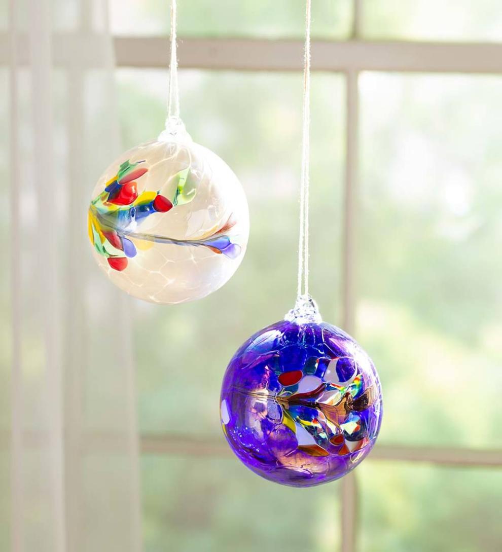 Plow &amp; Hearth Home Accents | Indoor Living Individually Hand-Blown Glass Globe Holiday Ornament - Blue