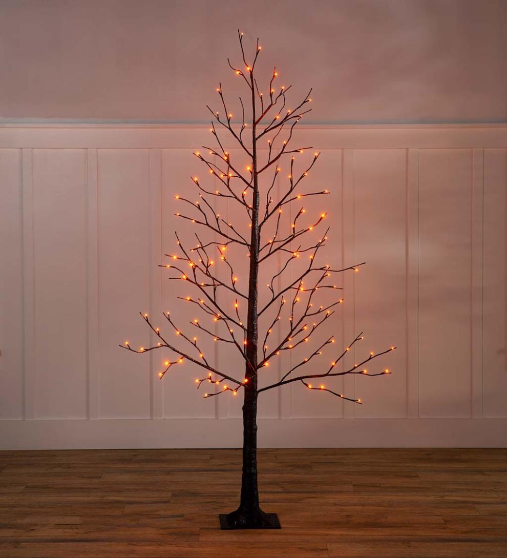 Plow &amp; Hearth Home Accents | Indoor Living Indoor/Outdoor Electric Lighted Halloween Black Tree With Orange Leds