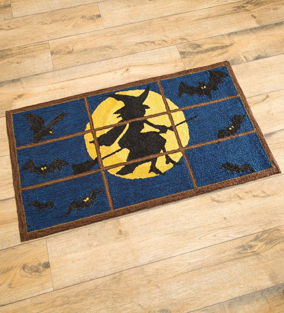 Plow &amp; Hearth Home Accents | Indoor Living Indoor/Outdoor Halloween Flying Witch Hooked Accent Rug