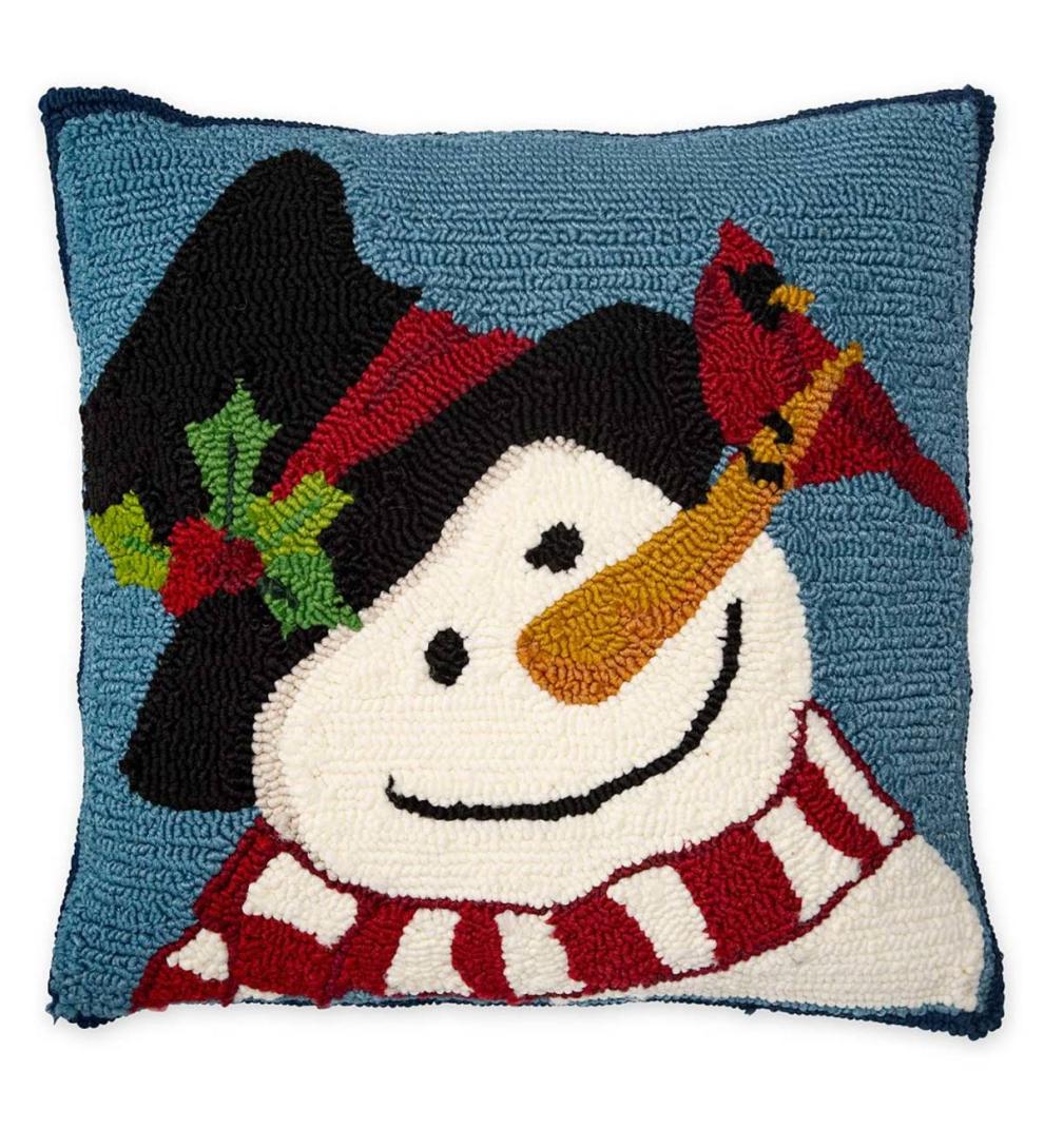 Plow &amp; Hearth Home Accents | Indoor Living Indoor/Outdoor Hooked Snowman And Cardinal Pillow