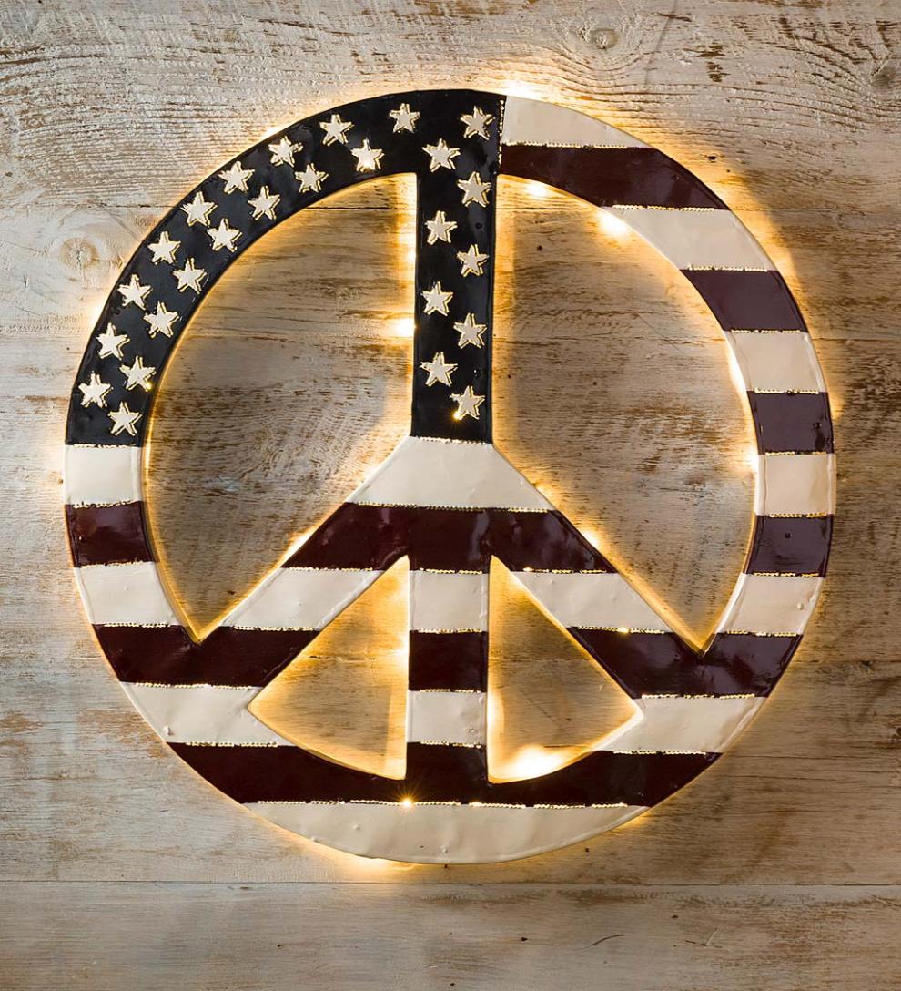 Plow &amp; Hearth Home Accents | Indoor Living Indoor/Outdoor Lighted Americana Flag Peace Sign Wall Art