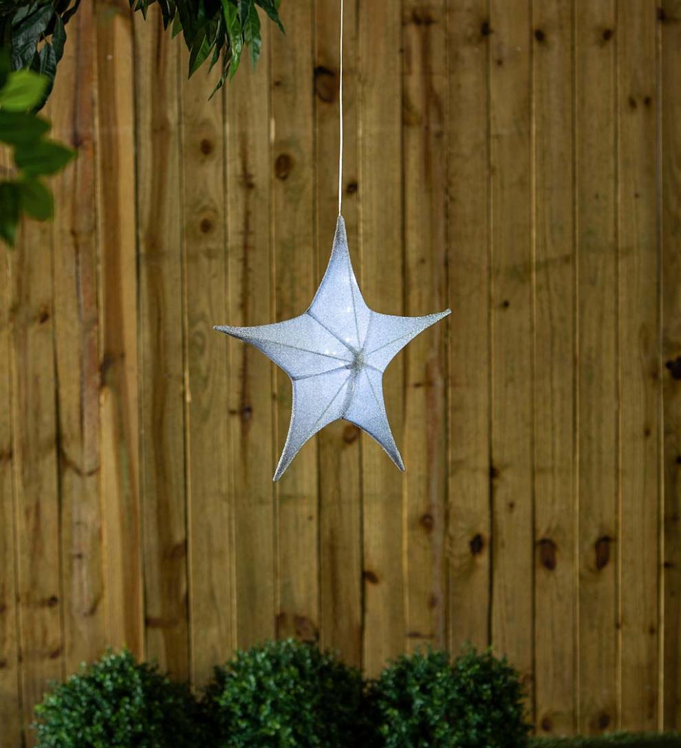 Plow &amp; Hearth Home Accents | Indoor Living Lighted Hanging Fabric Star, Small Silver
