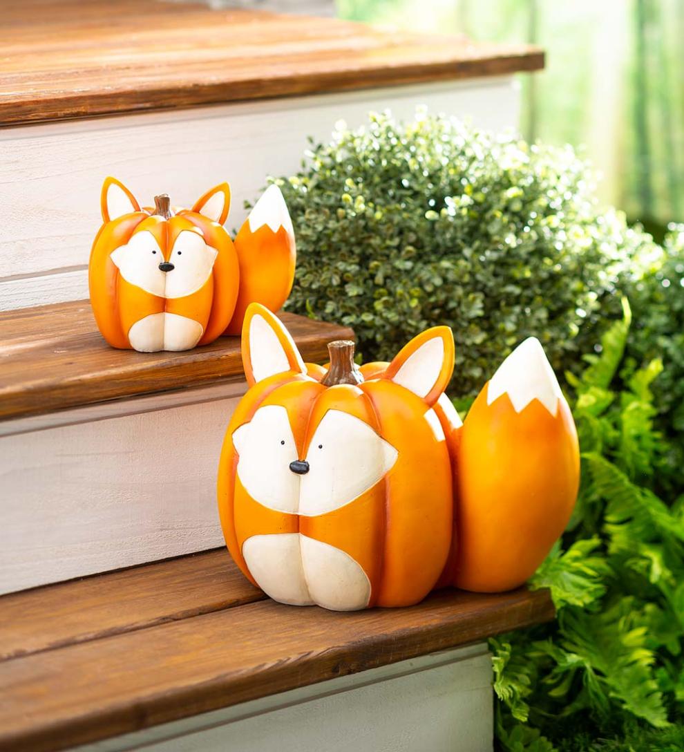 Plow &amp; Hearth Home Accents | Indoor Living Mother And Baby Fox Pumpkin Statues, Set Of 2