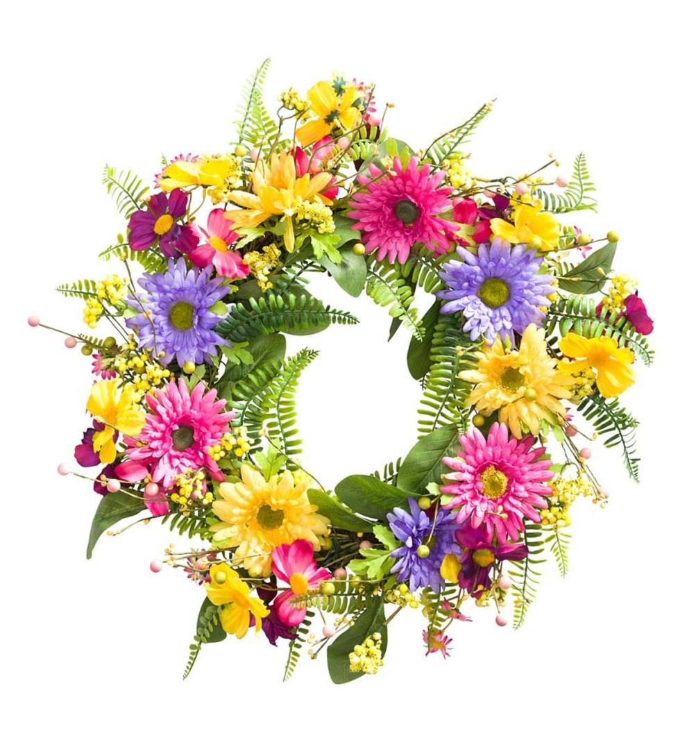 Plow &amp; Hearth Home Accents | Indoor Living Multicolor Spring Faux Floral Daisy And Fern Wreath With Rattan Base
