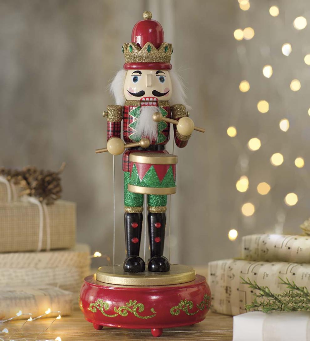 Plow &amp; Hearth Home Accents | Indoor Living Musical Animated Wooden Nutcracker Statue - Green Base