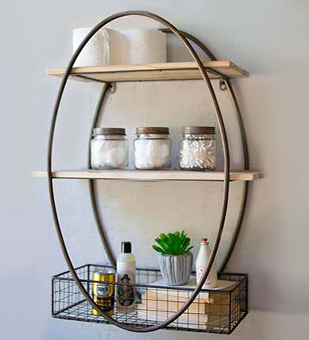 Plow &amp; Hearth Home Accents | Indoor Living Oval Metal Wall Unit With Recycled Wood Shelves
