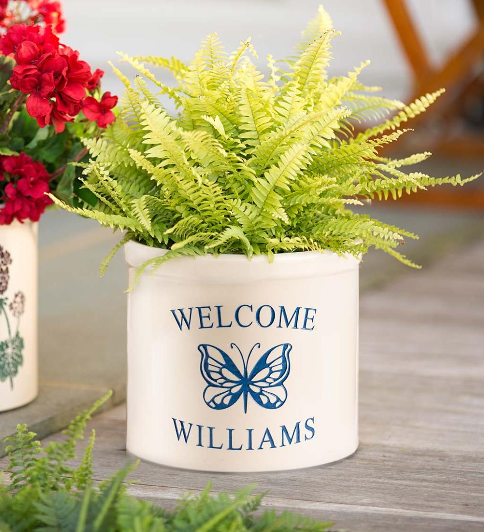 Plow &amp; Hearth Home Accents | Indoor Living Personalized Stoneware Welcome Crock With Butterfly - Black