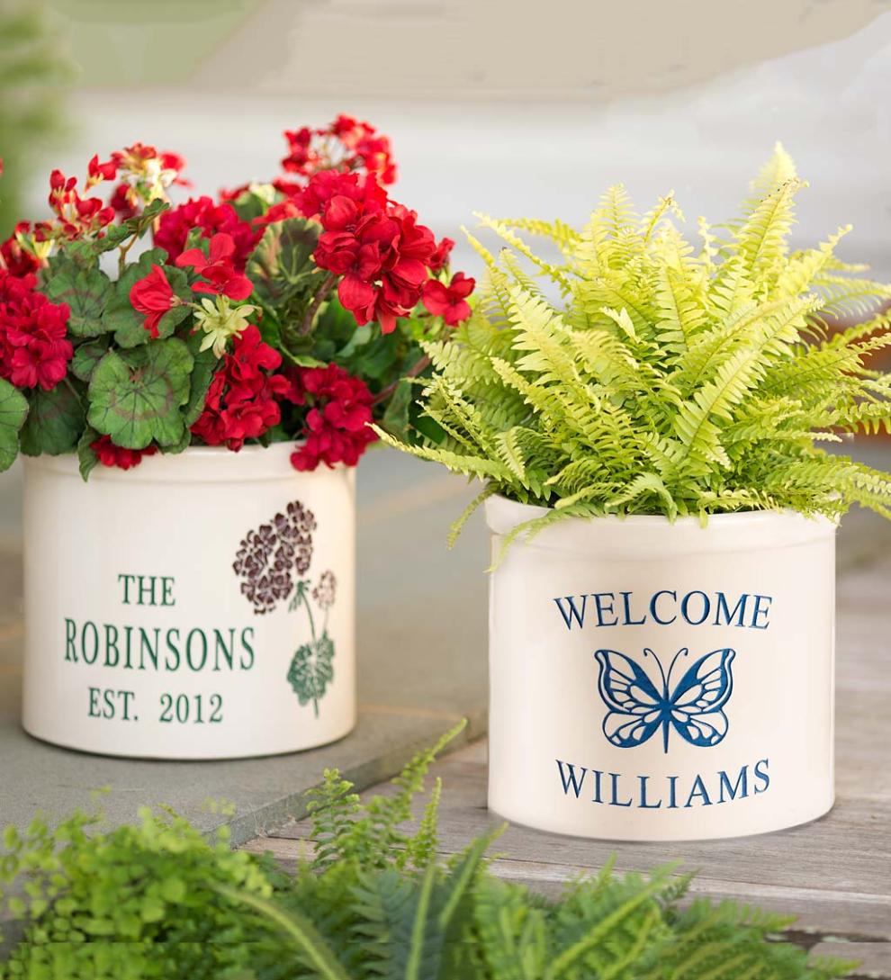 Plow &amp; Hearth Home Accents | Indoor Living Personalized Stoneware Welcome Crock With Butterfly - Black