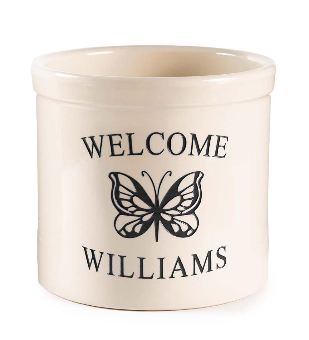Plow &amp; Hearth Home Accents | Indoor Living Personalized Stoneware Welcome Crock With Butterfly - Black