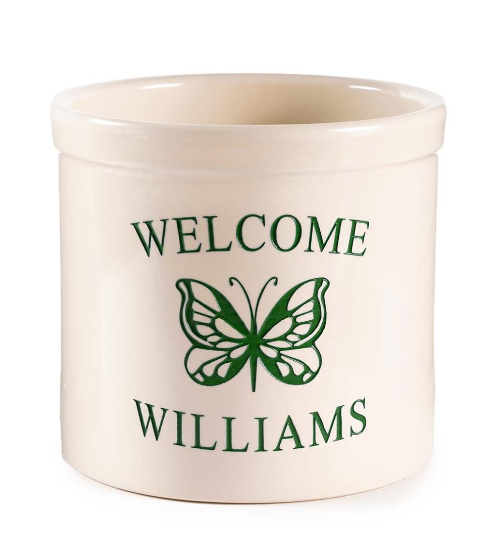 Plow &amp; Hearth Home Accents | Indoor Living Personalized Stoneware Welcome Crock With Butterfly - Black