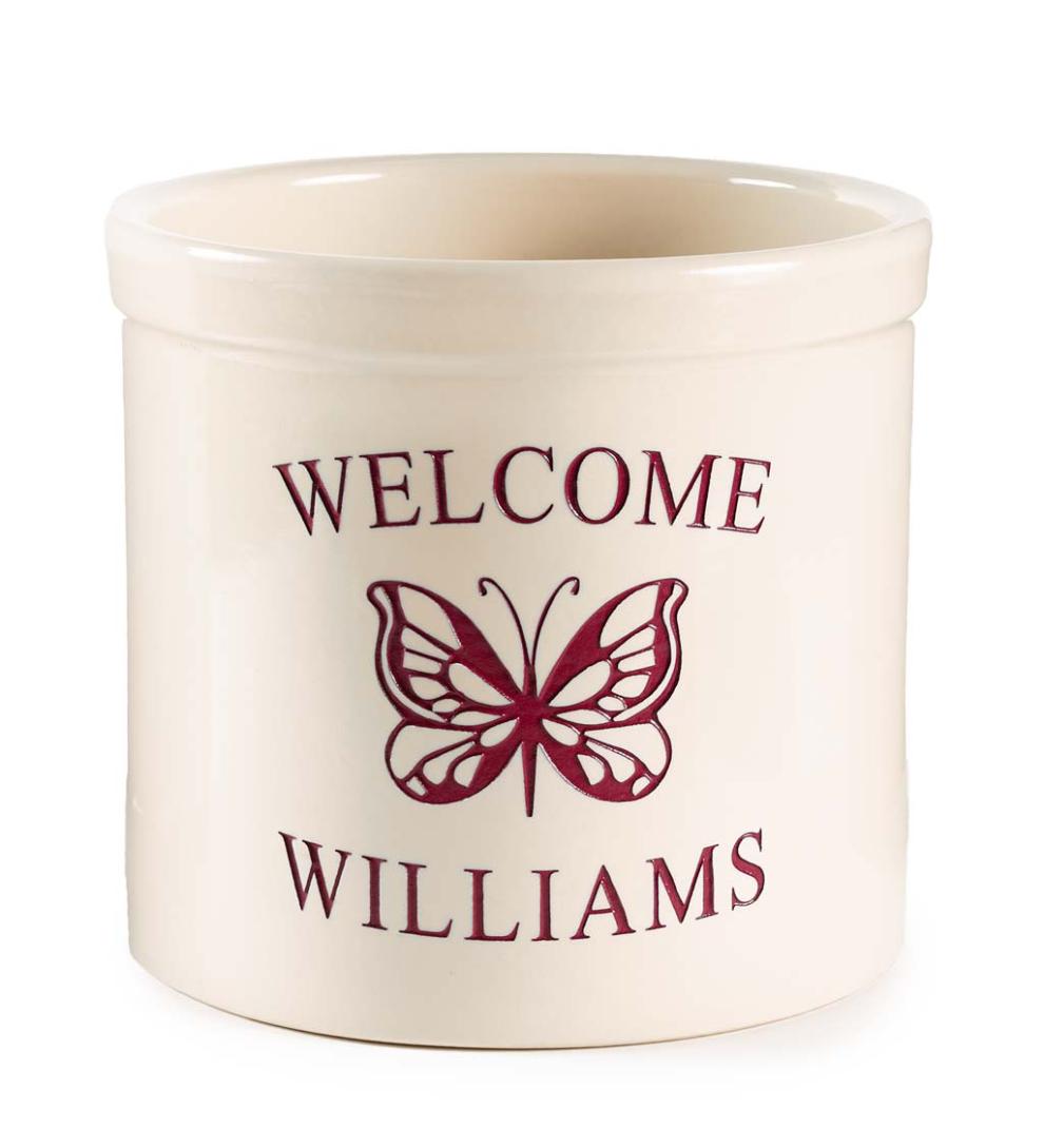 Plow &amp; Hearth Home Accents | Indoor Living Personalized Stoneware Welcome Crock With Butterfly - Black