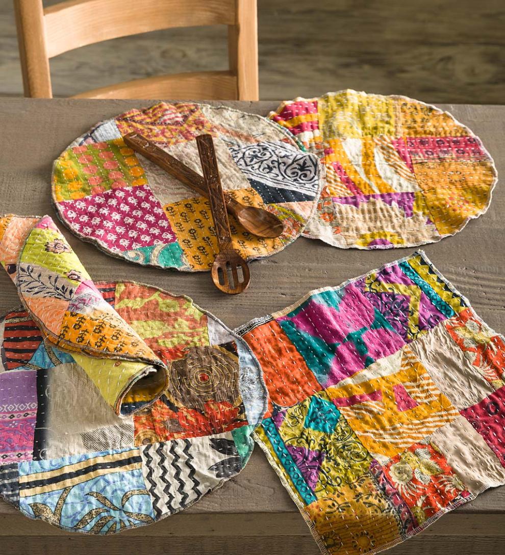 Plow &amp; Hearth Home Accents | Indoor Living Round Upcycled Kantha Placemats Set Of 6