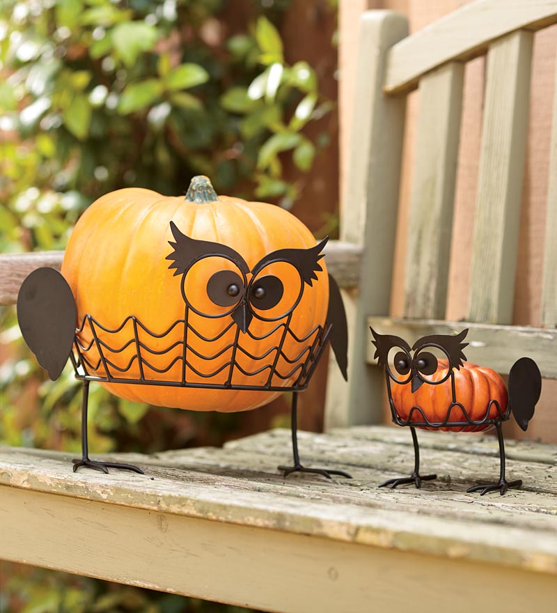 Plow &amp; Hearth Home Accents | Indoor Living Set Of 2 Owl Pumpkin Holders