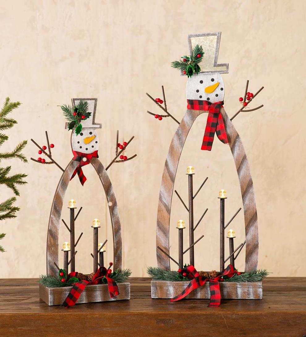 Plow &amp; Hearth Home Accents | Indoor Living Tabletop Lighted Wooden Snowmen, Set Of 2
