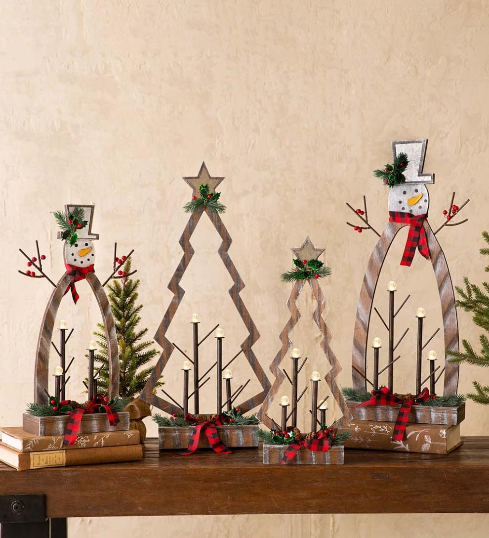 Plow &amp; Hearth Home Accents | Indoor Living Tabletop Lighted Wooden Snowmen, Set Of 2