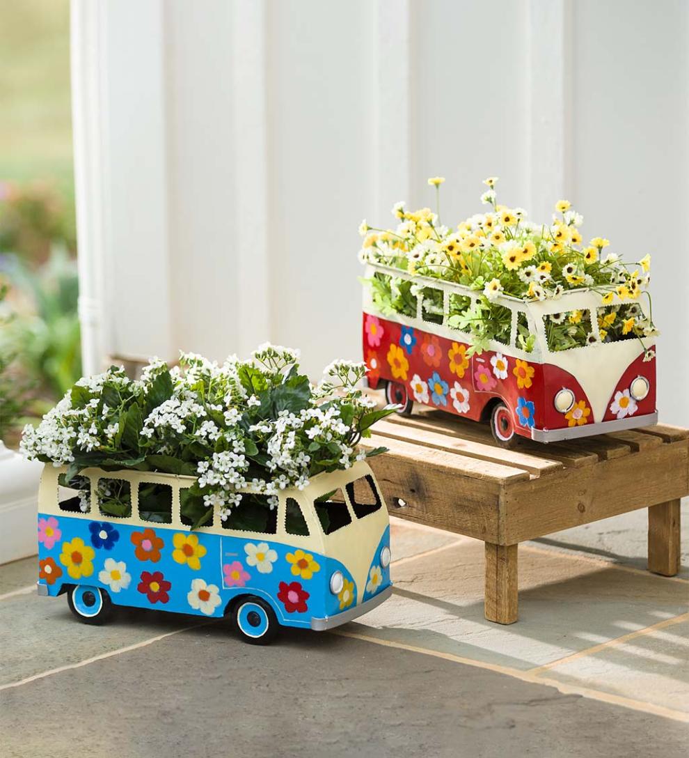 Plow &amp; Hearth Home Accents | Indoor Living Vintage Style Flower Power Miniature Bus Garden Planter - Blue