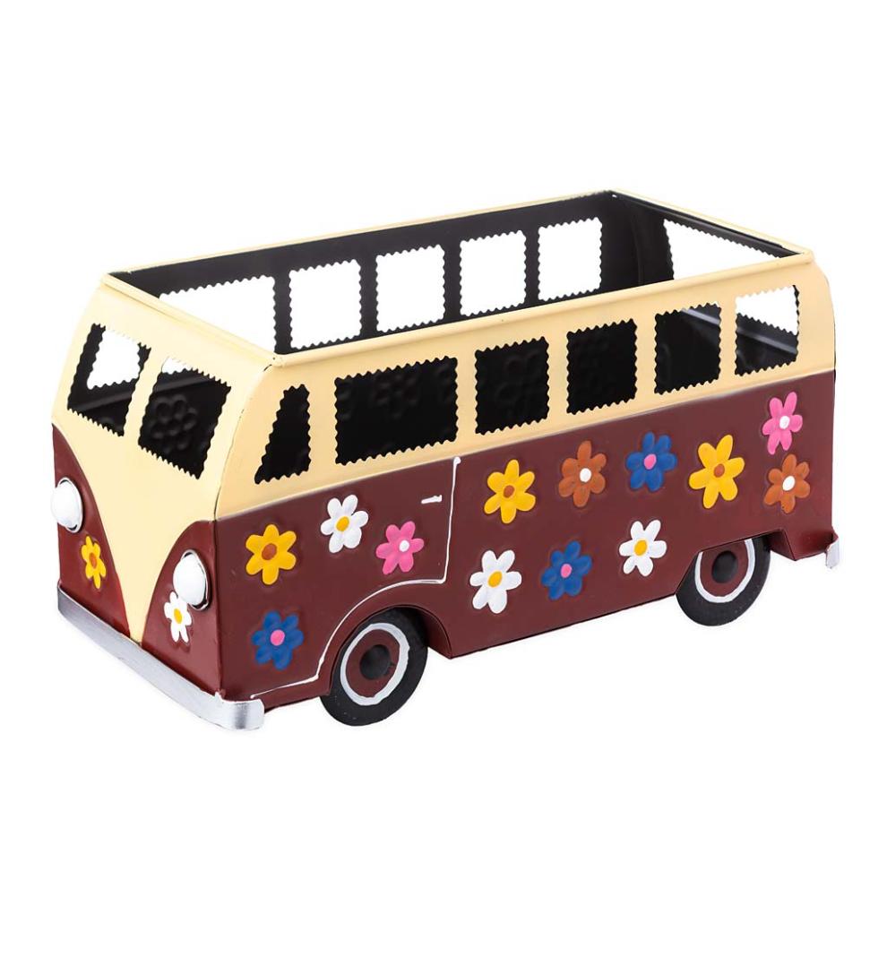 Plow &amp; Hearth Home Accents | Indoor Living Vintage Style Flower Power Miniature Bus Garden Planter - Blue