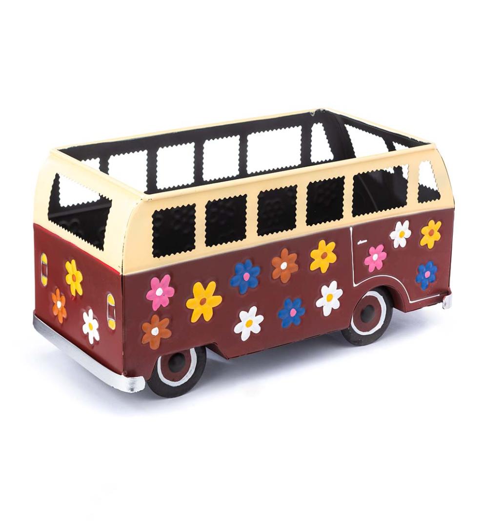Plow &amp; Hearth Home Accents | Indoor Living Vintage Style Flower Power Miniature Bus Garden Planter - Blue